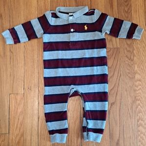Ralph Lauren Baby Striped Rugby L/S Onesie Maroon Gray Logo 100% Cotton Sz 9 Mos